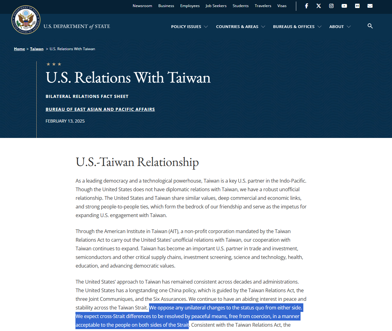 Deplu AS Perbaru Status Terkini Hubungan Taiwan-AS, Legislator Apresiasi Penghapusan Posisi “Tidak Mendukung Kemerdekaan Taiwan”